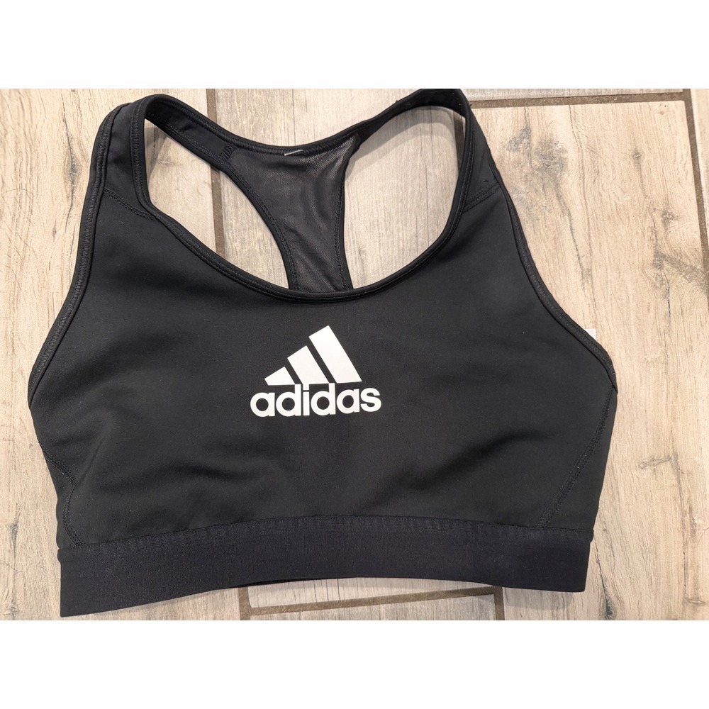 Adidas Womens Black Racerback Sports Bra White Logo Mesh Back Size Medium